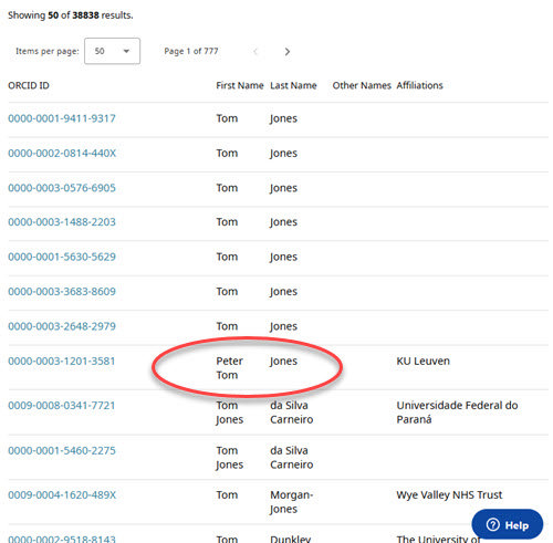 Finding the correct name in ORCID